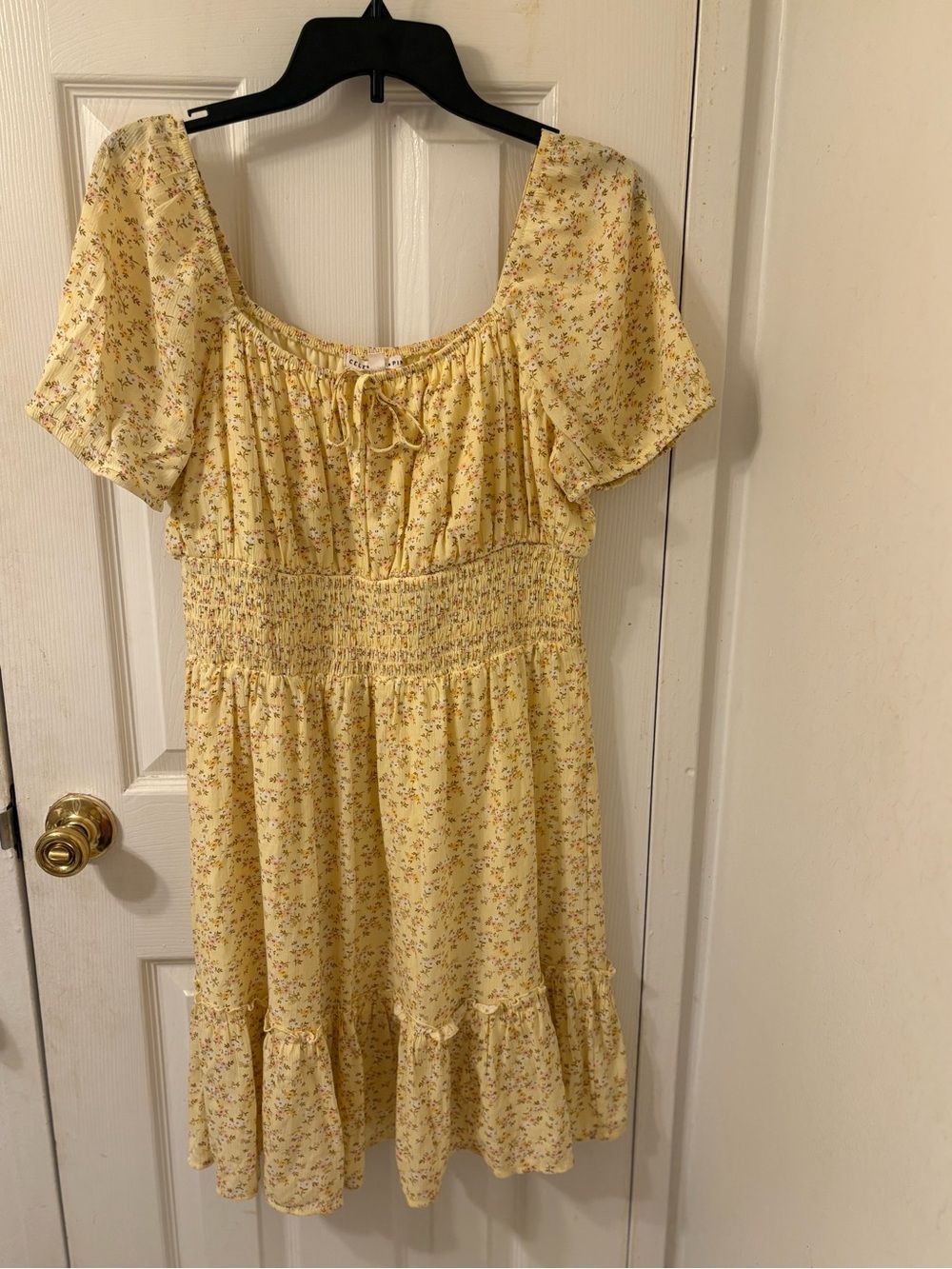 Celebrity Pink Yellow Floral Smocked Midi Dress